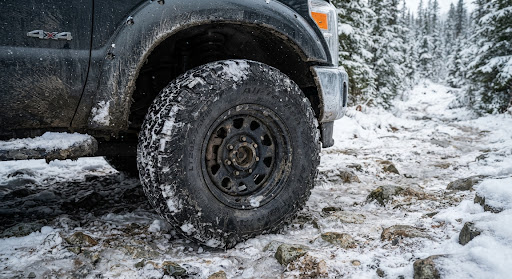 Off-road tyres gripping a snowy, rocky trail.