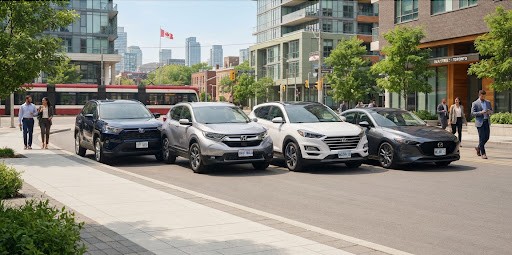 Clean, reliable cars parked in a bright modern Canadian city setting.
